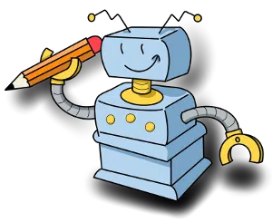 ki text generator als Roboter mit Stift gezeichnet