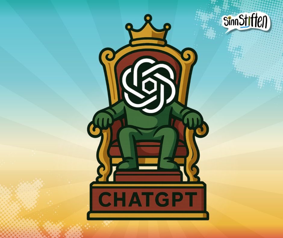 ChatGPT fĂŒr Keyword-Recherche. Ein ChatGPT sitzt auf einem Thron