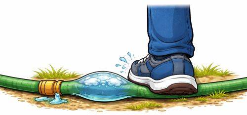 Engpass - Ein Fuss steht auf einem Schlauch und erzeugt einen Stau