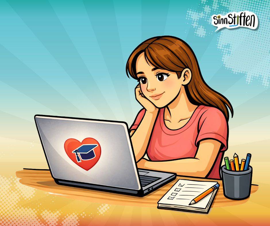 warum ich online kurse liebe - frau blickt verliebt auf einen Laptop - Block und stifte liegen daneben