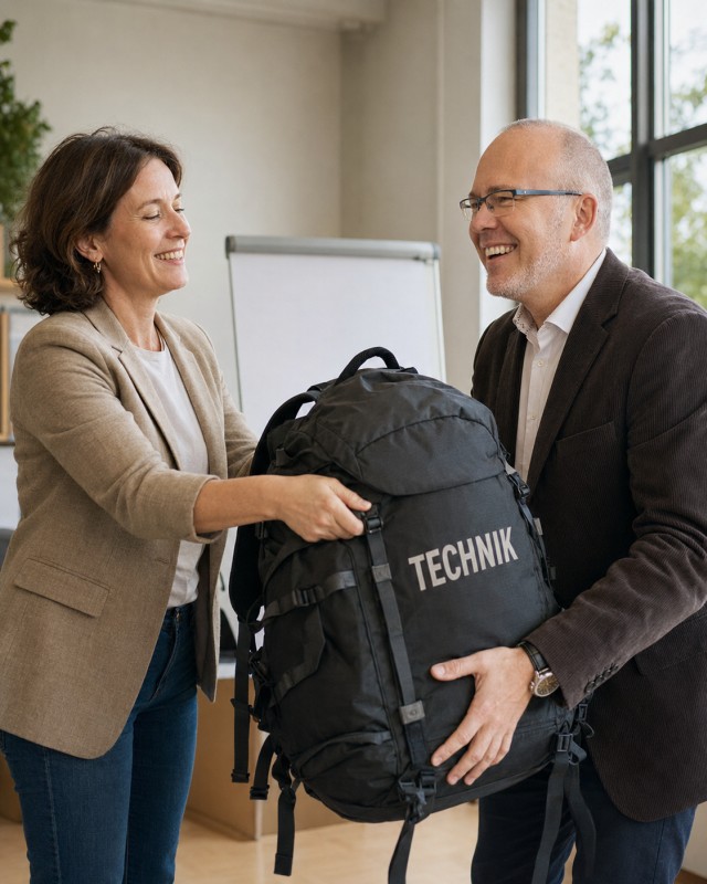 Eine Trainerin übergibt David einen schweren Rucksack mit der Aufschrift TECHNIK und wirkt sichtlich erleichtert