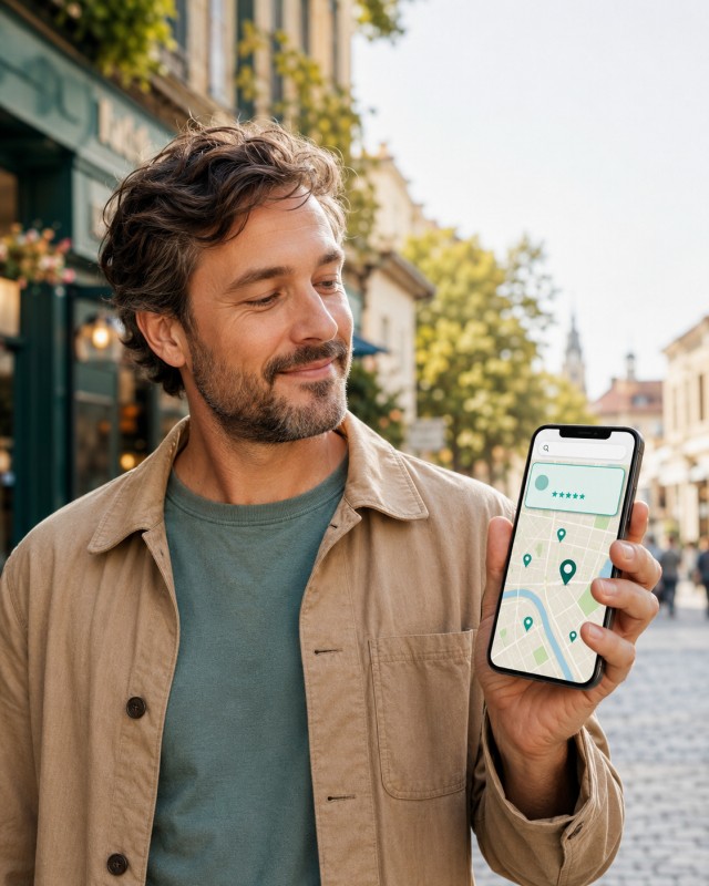 Ein Mensch steht auf der Straße und findet auf dem Handy eine Praxis oben in der lokalen Google-Maps-Suche