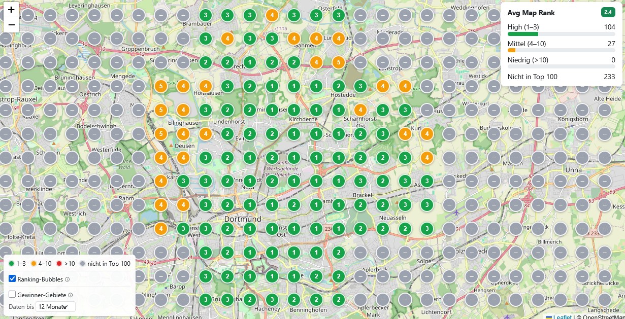 Ranking Map: farbige Bubbles über der Stadt zeigen die Google-Maps-Position an verschiedenen Suchpunkten